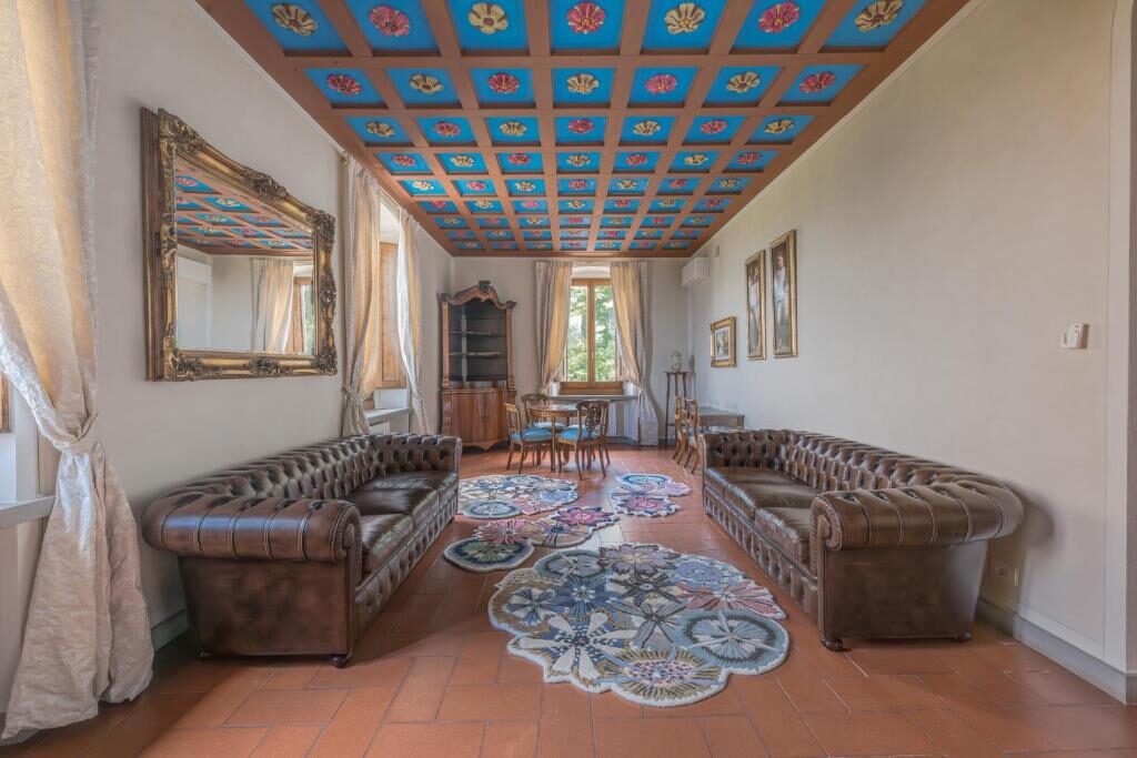 Coffered salon with hand-painted ceiling